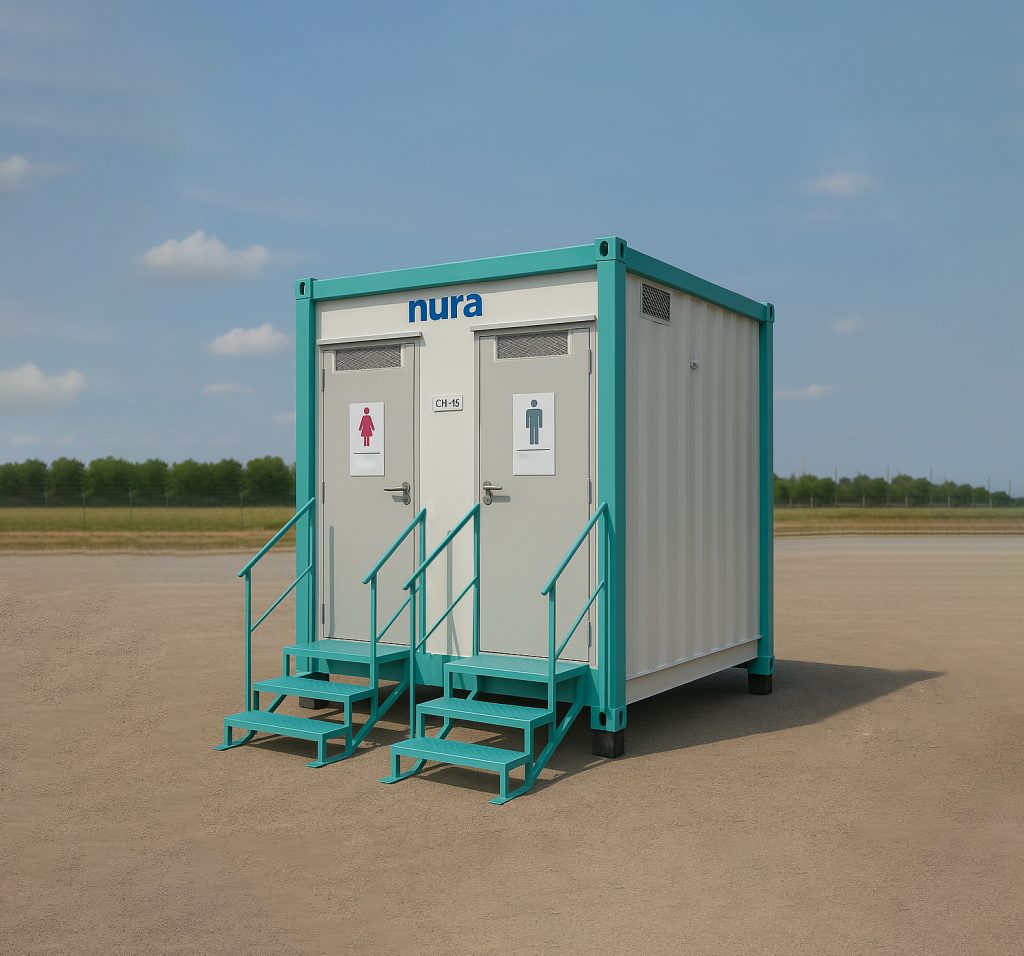 four door portable cabin toilet with durable steel base and aluminum chequered plate flooring