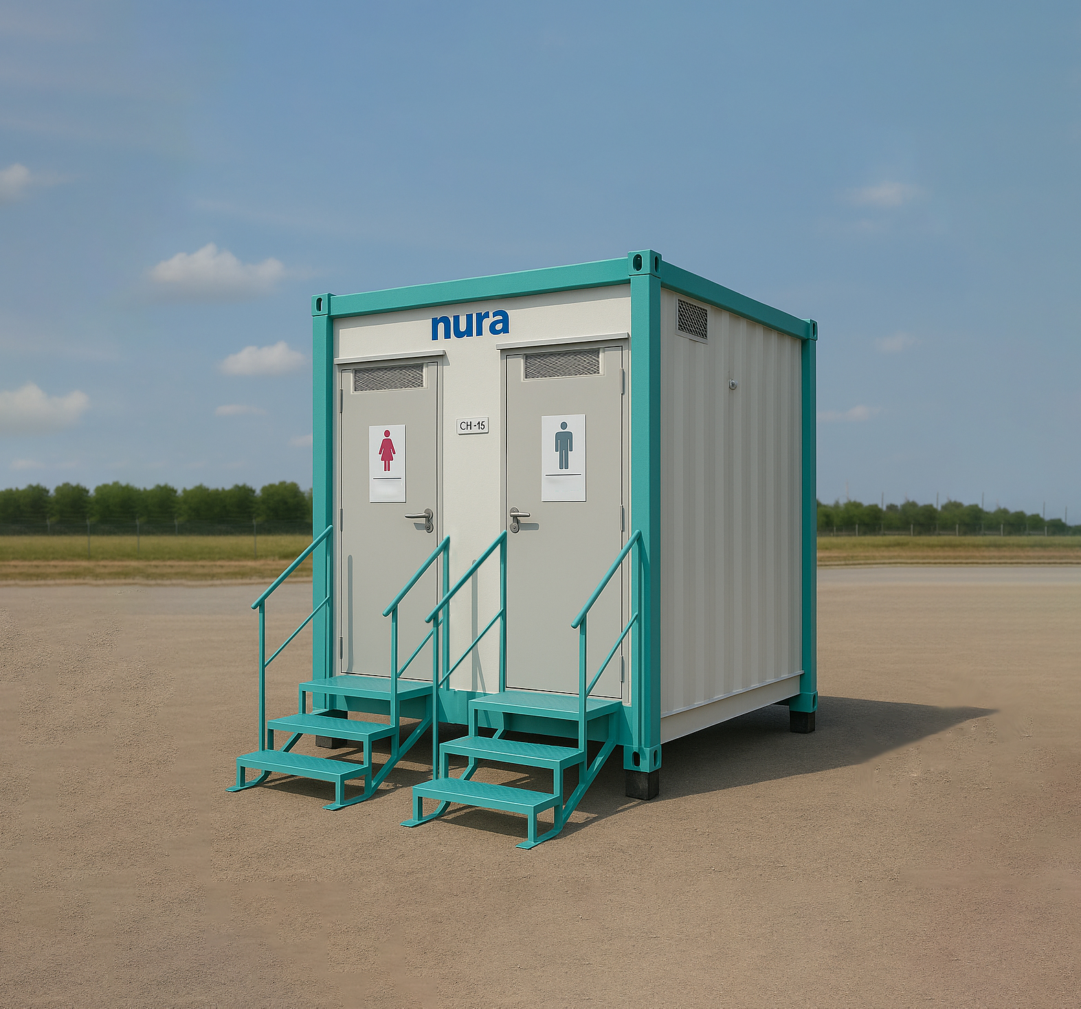 four door portable cabin toilet with durable steel base and aluminum chequered plate flooring
