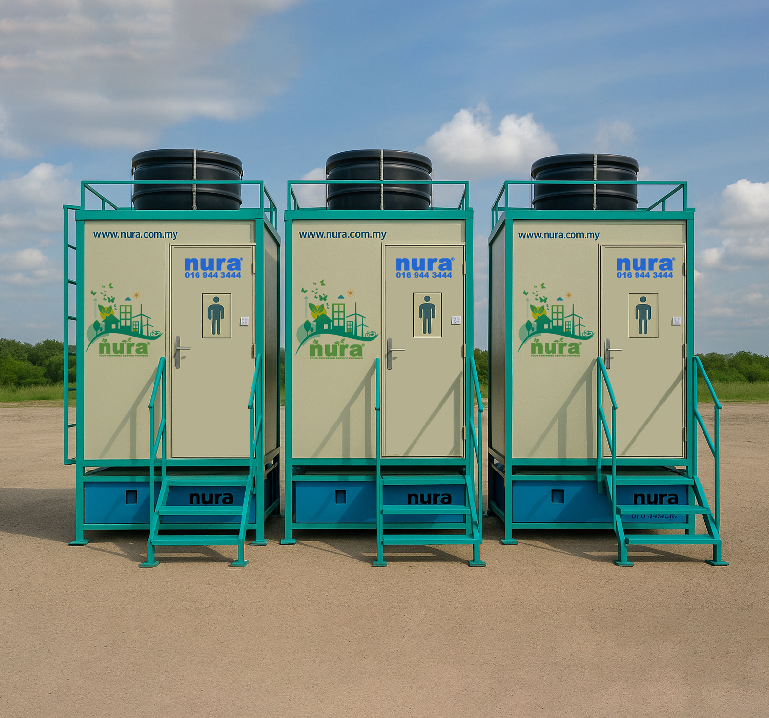 Three Offshore Deluxe Cabin Toilets with fire-retardant insulated panels and built-in water and waste tanks, suitable for outdoor use